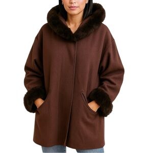 Linda Lundström Wool Laparka Brown Faux Fur Coat XL Vintage